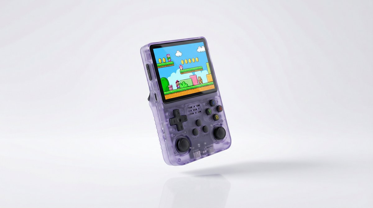 R36S Retro Handheld Game Console - Transparent Purple with 3.5 inch IPS display showing retro game