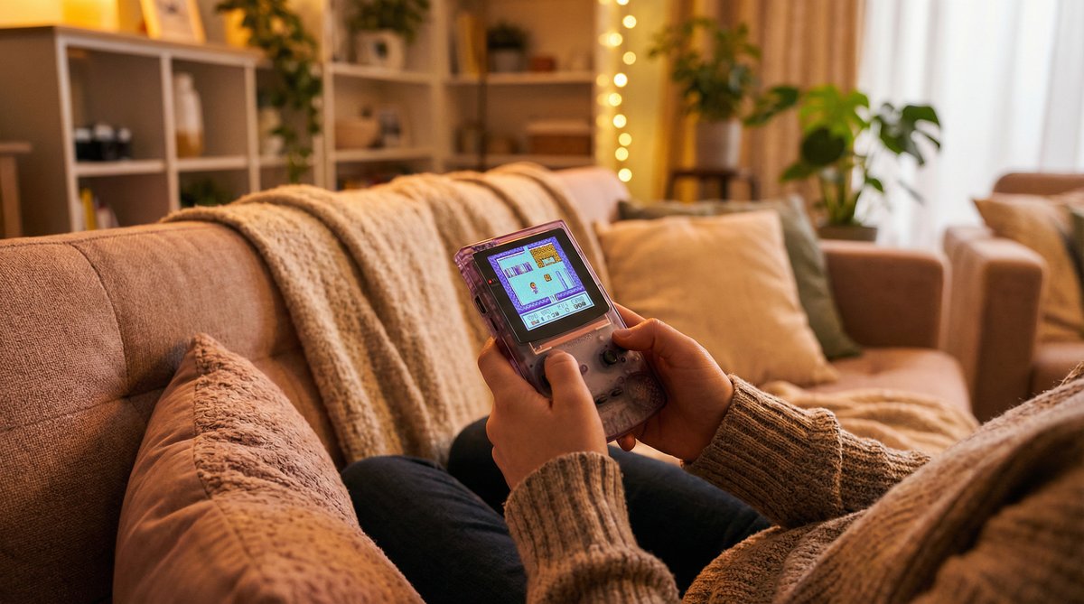 Person playing R36S retro handheld console on couch